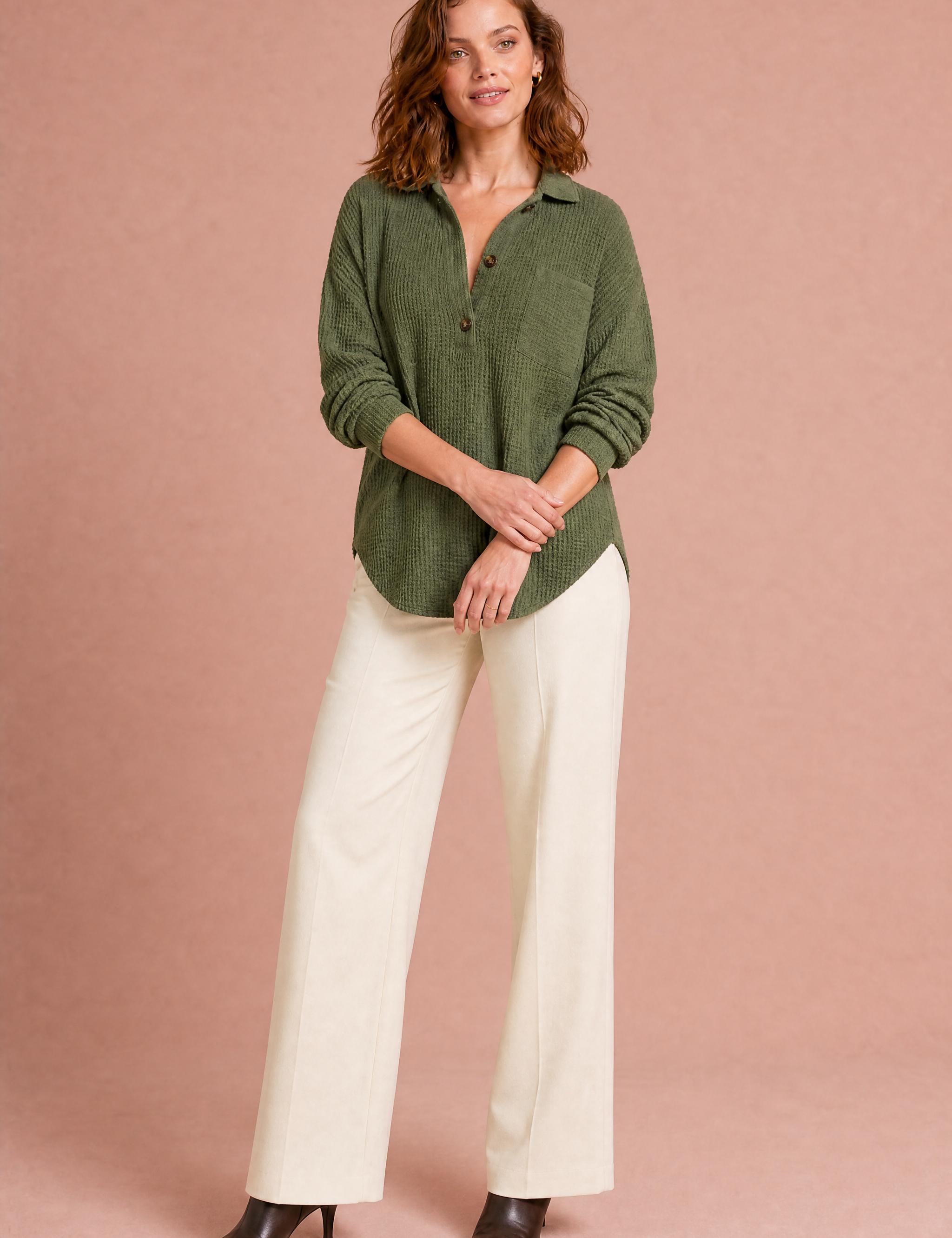 Top maille gaufrée col chemise | Variante Vert | Lounelle Paris