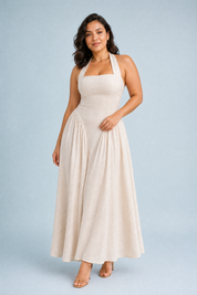 Robe longue abricot col licou dos nu | Porté sur une autre silhouette | Lounelle Paris