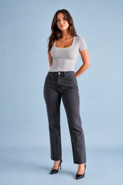 Top col carré maille côtelée | Variante Gris clair | Lounelle Paris