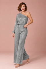 Asymmetrisk jumpsuit i silver med paljetter