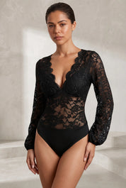 Body noir en dentelle manches longues | Lounelle Paris