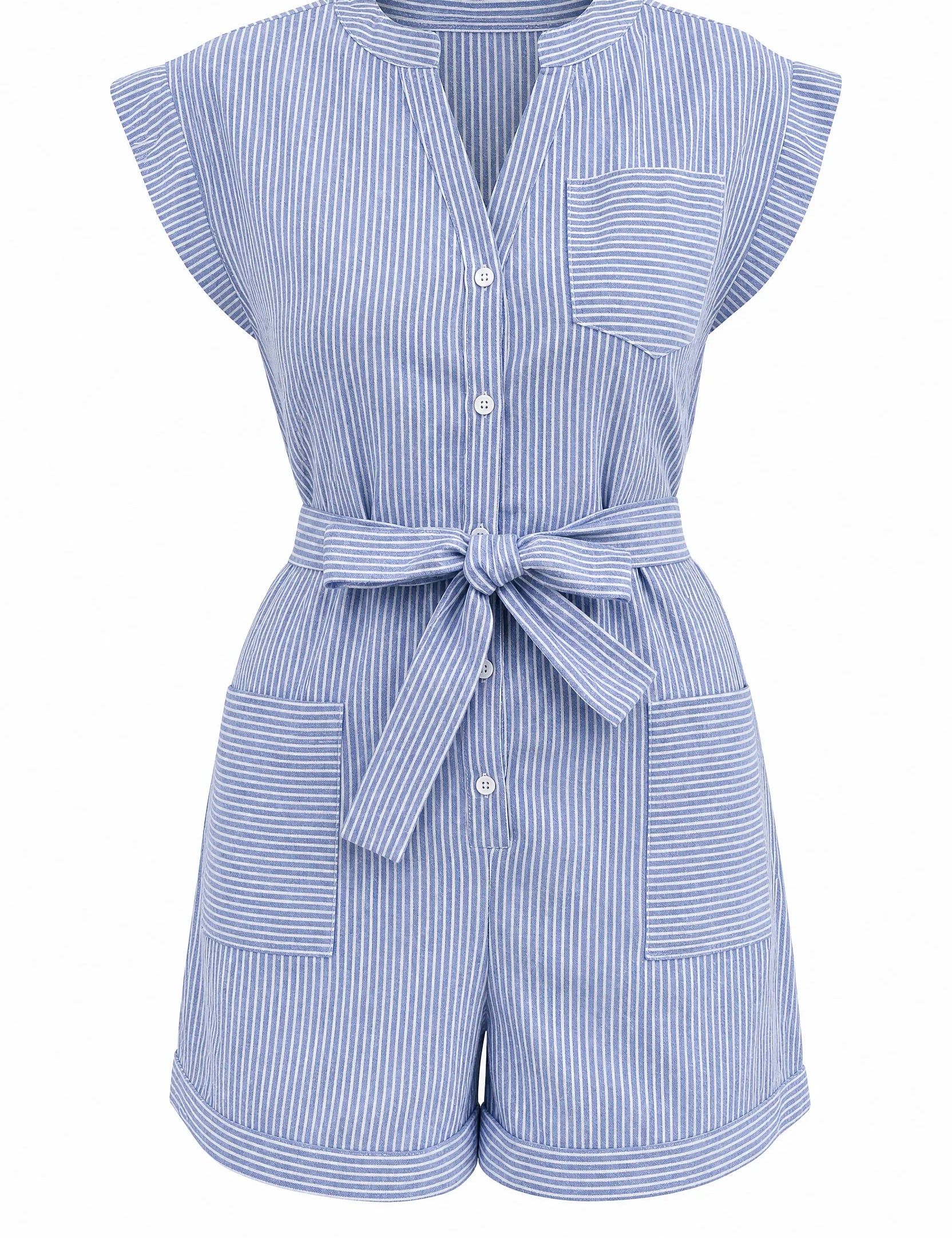 Combishort bleu rayé col en V | Lounelle Paris