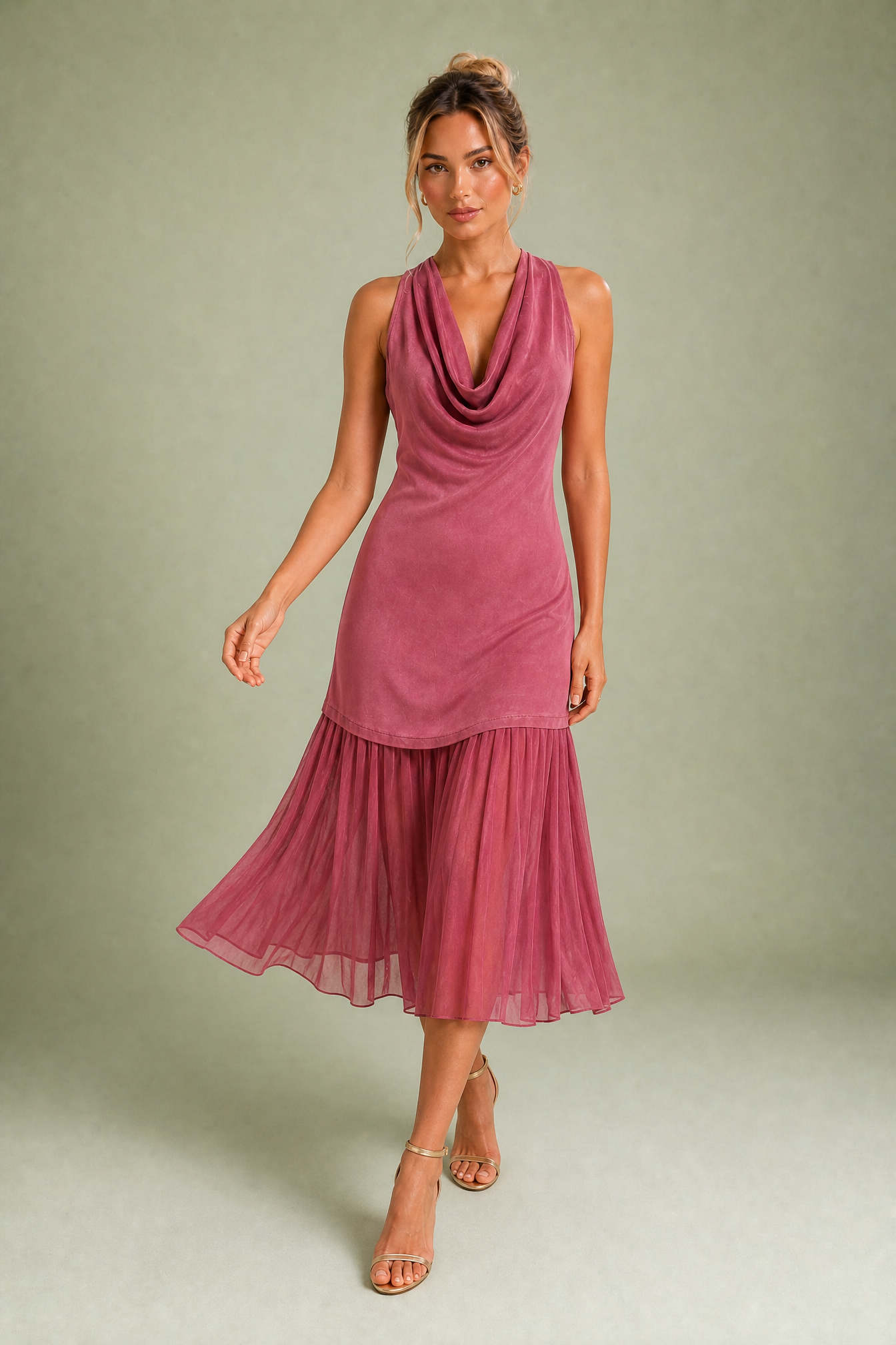Robe rose drapée sans manches | Vue en mouvement | Lounelle Paris