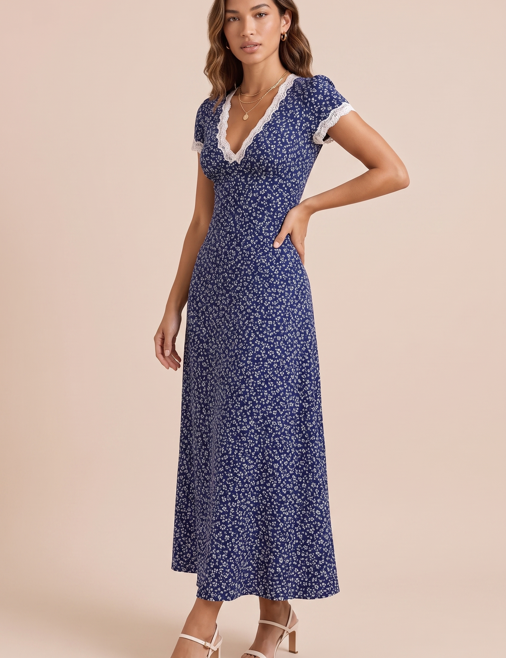 Robe longue bleu marine col V | Vue de face | Lounelle Paris