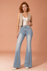 Blå urtvättade högmidjade utsvängda jeans