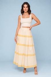 Jupe longue jaune rayée taille haute | Porté sur une autre silhouette | Lounelle Paris