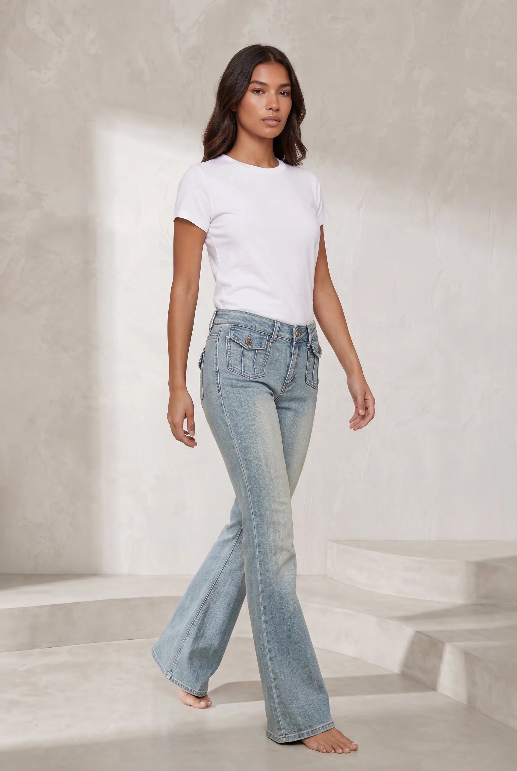 Jean bleu délavé taille basse évasé | Lounelle Paris