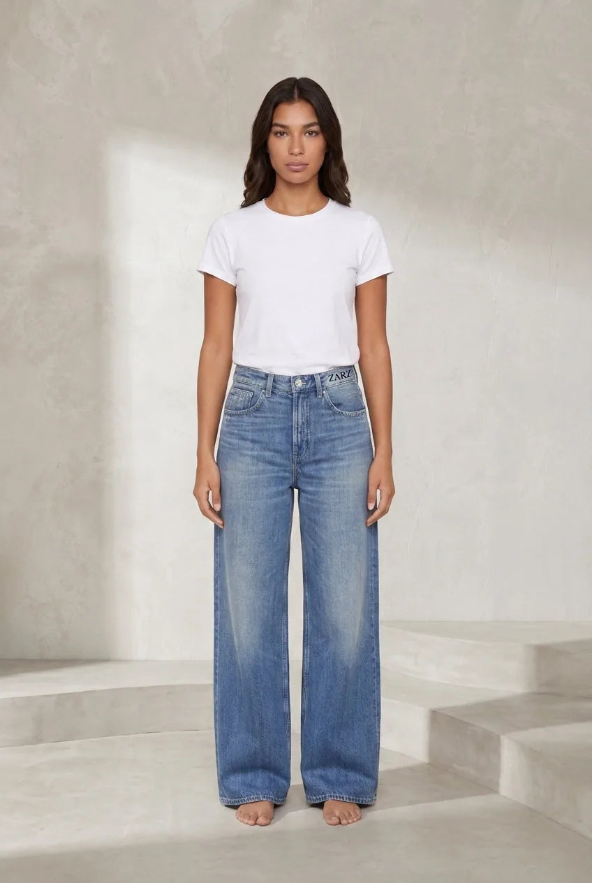 Jean bleu taille haute jambe large | Lounelle Paris