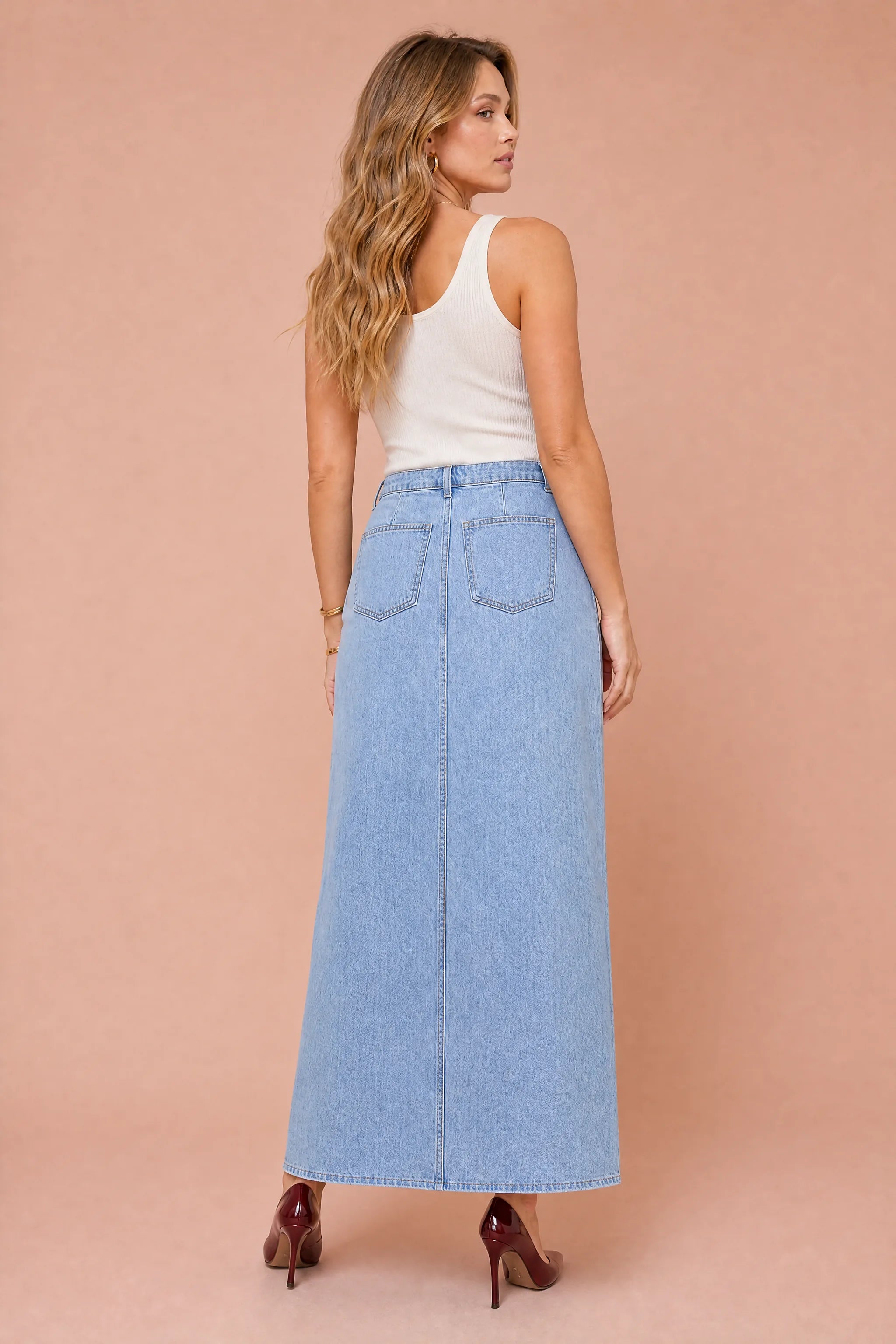 Jupe en jean longue fendue | Vue de dos | Lounelle Paris
