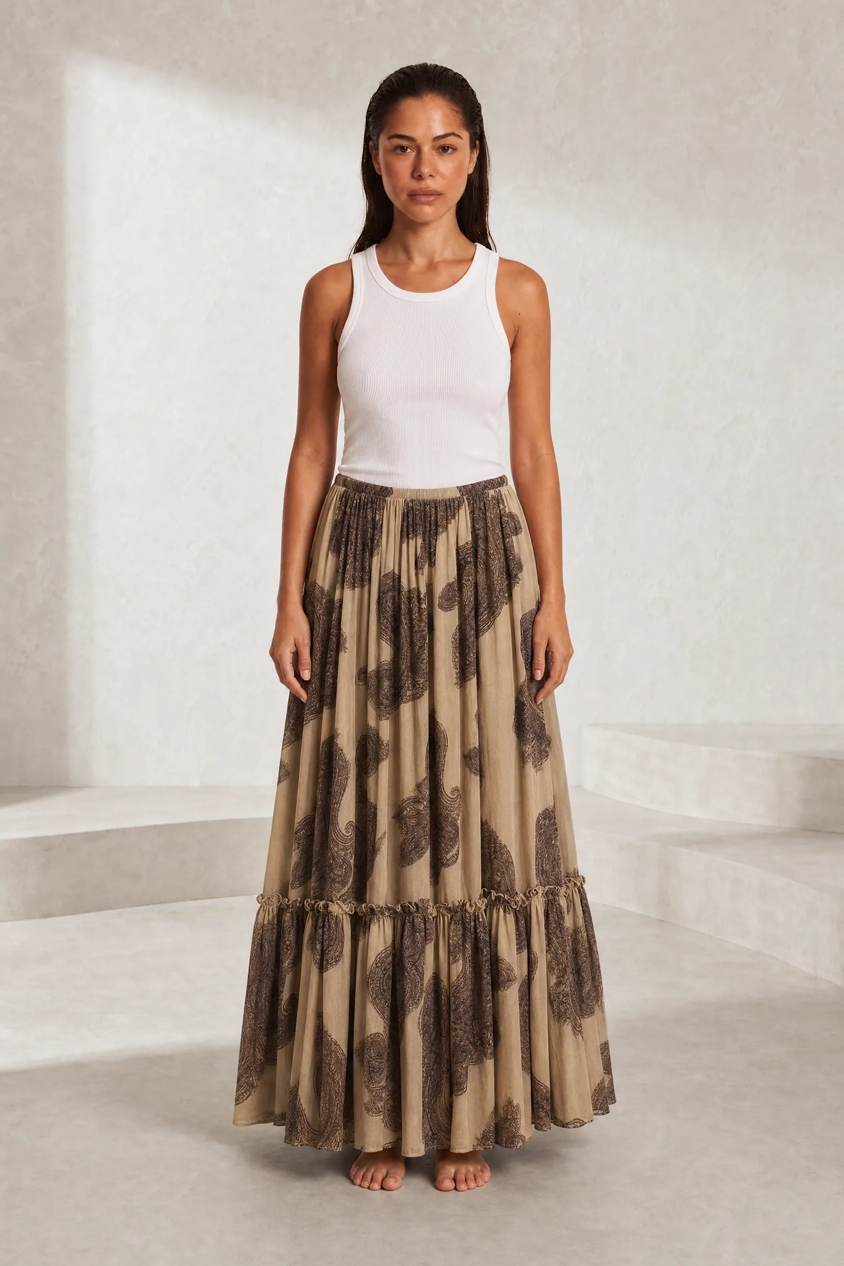 Jupe longue beige à imprimé floral | Lounelle Paris