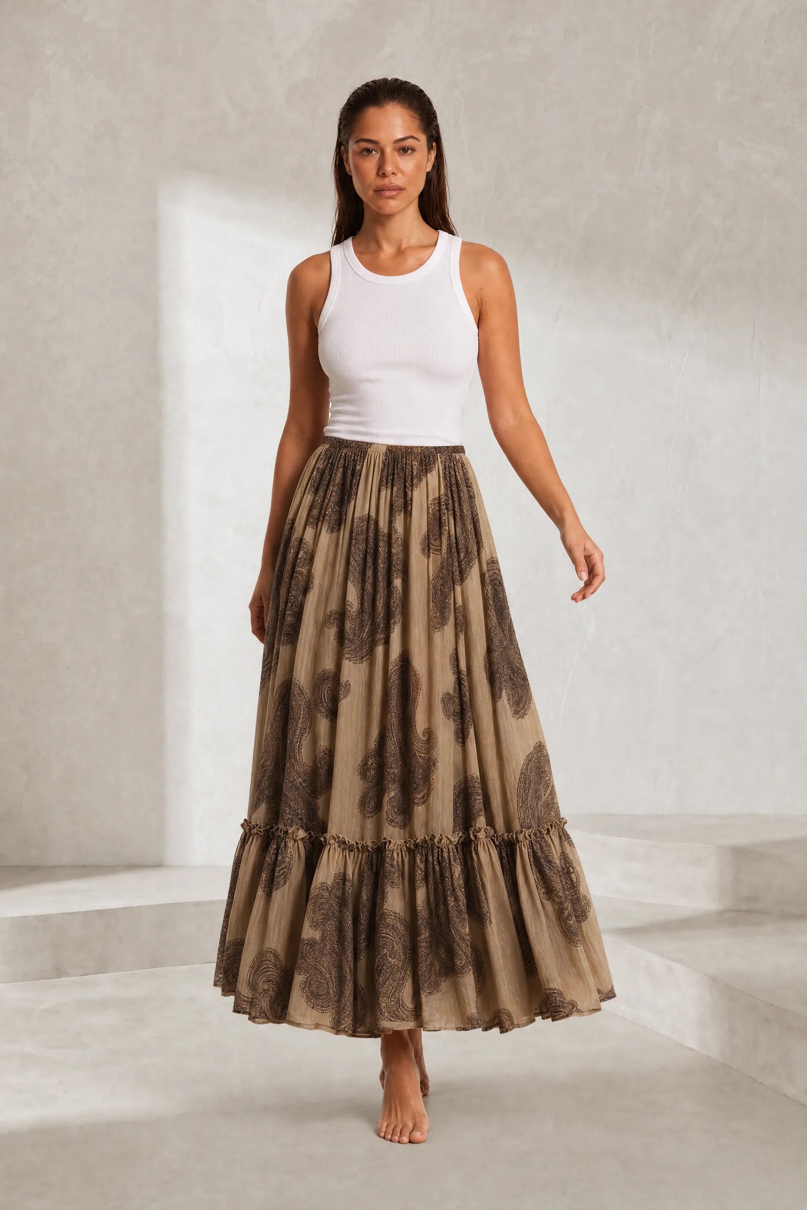 Jupe longue beige à imprimé floral | Lounelle Paris