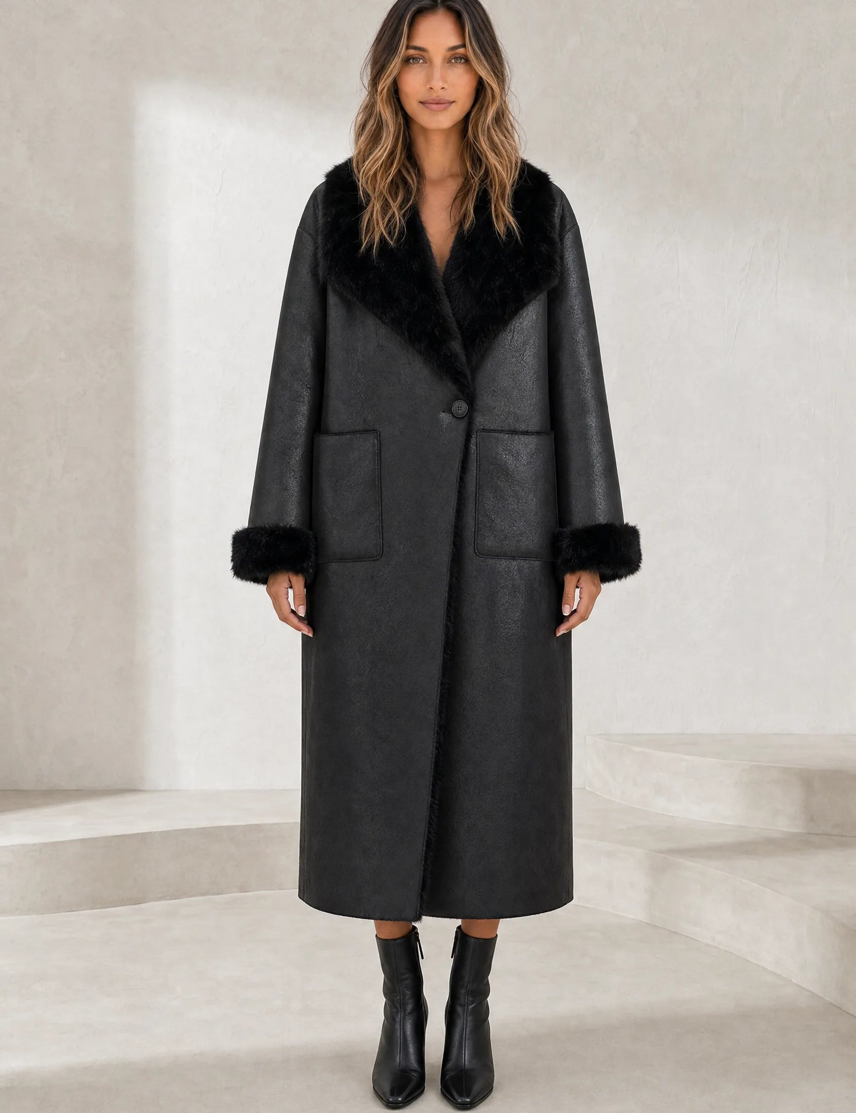 Manteau long réversible col duveteux | Lounelle Paris