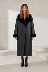 Manteau long réversible col duveteux