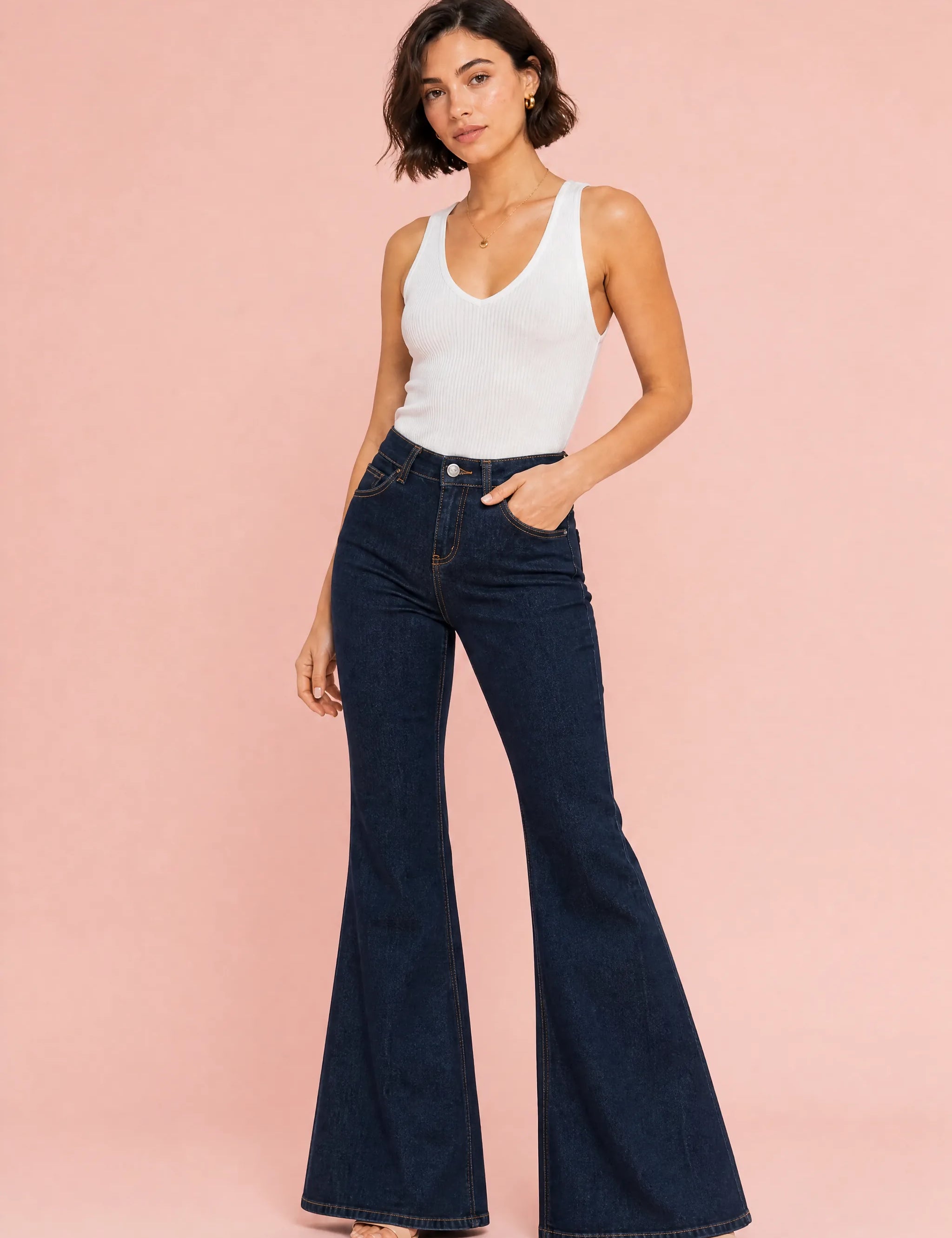 Pantalon bleu foncé évasé taille mi-haute | Vue de face | Lounelle Paris