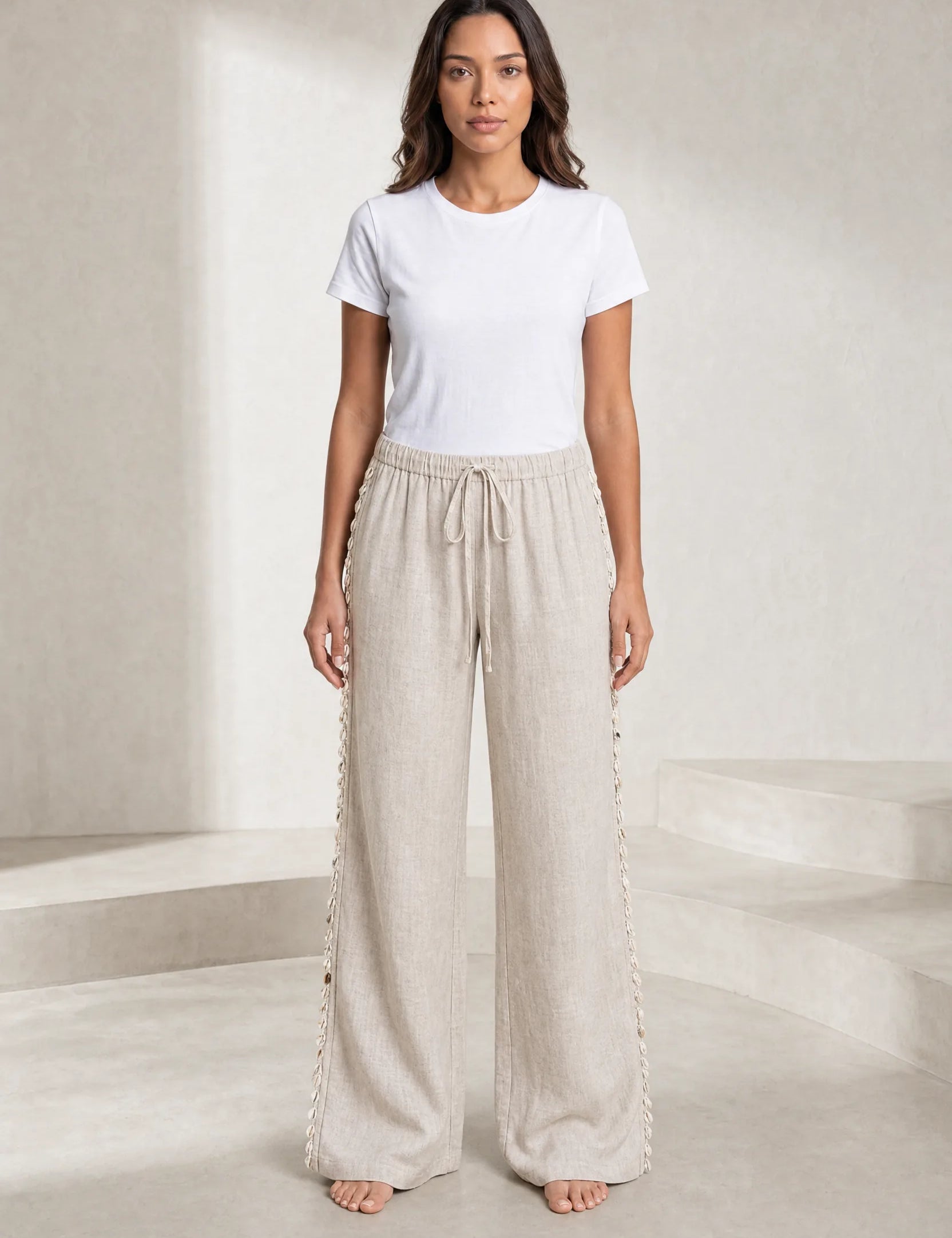 Pantalon large beige à coquillages | Lounelle Paris