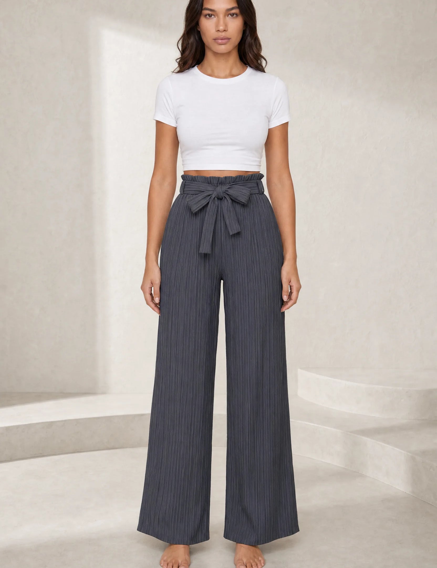 Pantalon large taille haute à nouer | Lounelle Paris