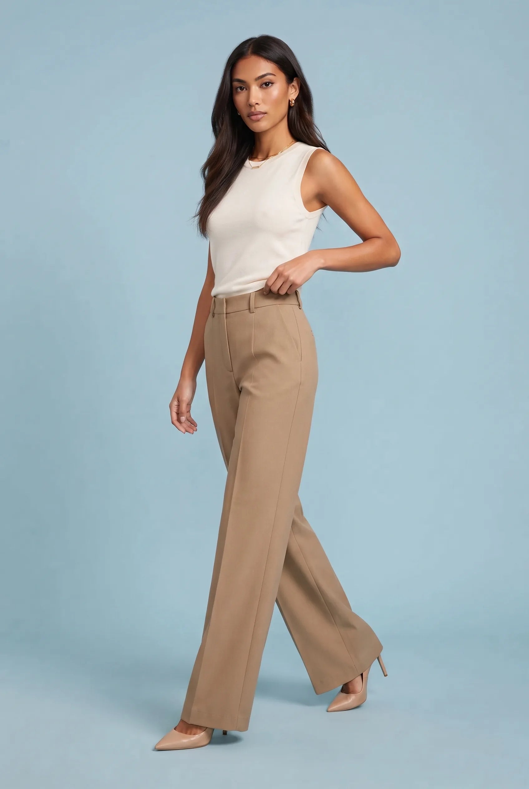 Pantalon tailleur camel coupe large | Vue de face | Lounelle Paris