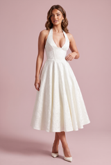Jacquardklänning med halterneck, midilängd, offwhite
