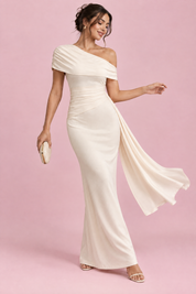 Robe midi asymétrique écrue drapée | Vue en mouvement | Lounelle Paris