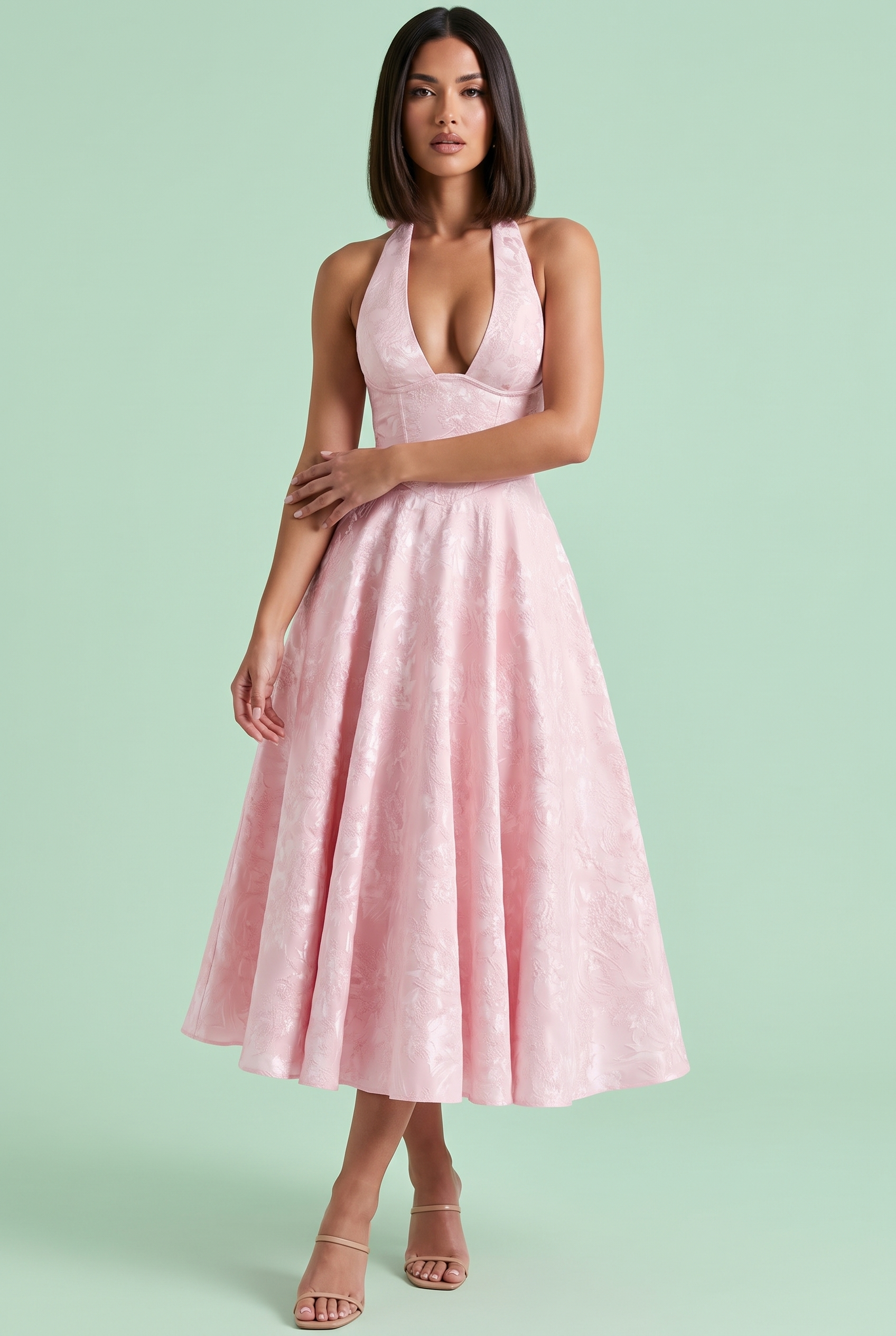 Robe midi jacquard à encolure dos nu rose | Vue de face | Lounelle Paris