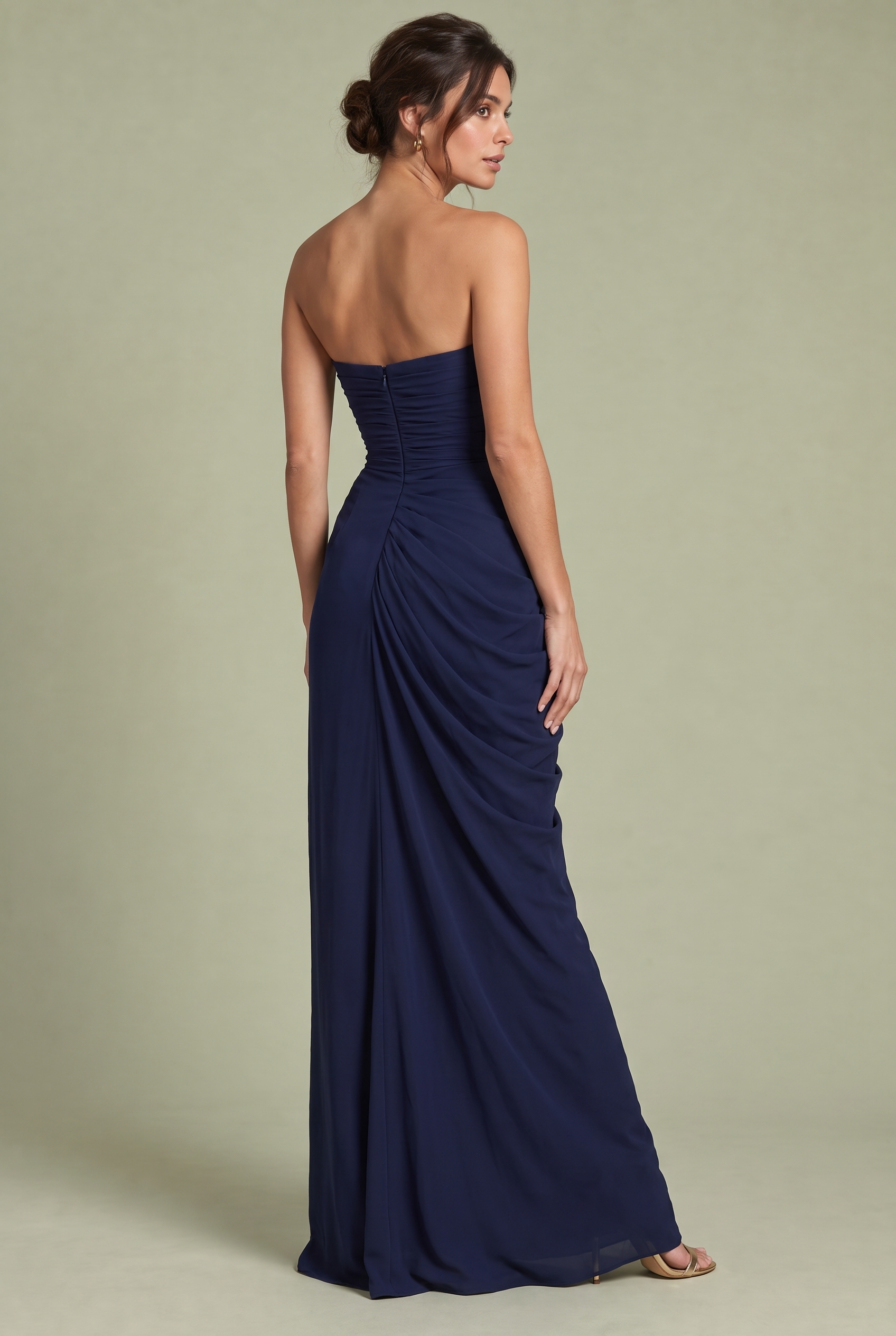 Robe longue bleu marine froncée sans bretelles | Vue de dos | Lounelle Paris