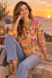 Haut imprimé en maille gaufrée orange | Deuxième photo lifestyle | Lounelle Paris