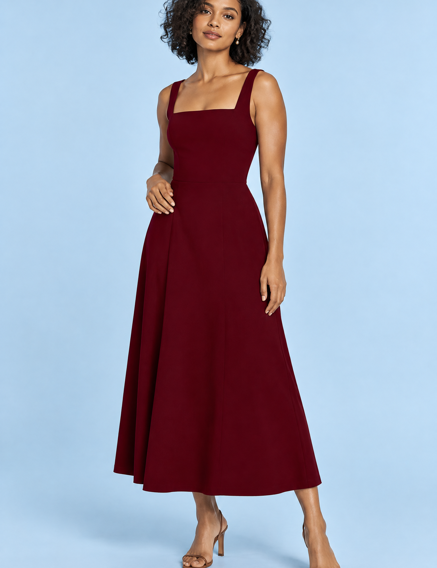 Robe midi bordeaux à fines bretelles et jupe ample | Vue de face | Lounelle Paris