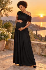 Robe longue de grossesse noire à encolure asymétrique et taille basse | Deuxième photo lifestyle | Lounelle Paris