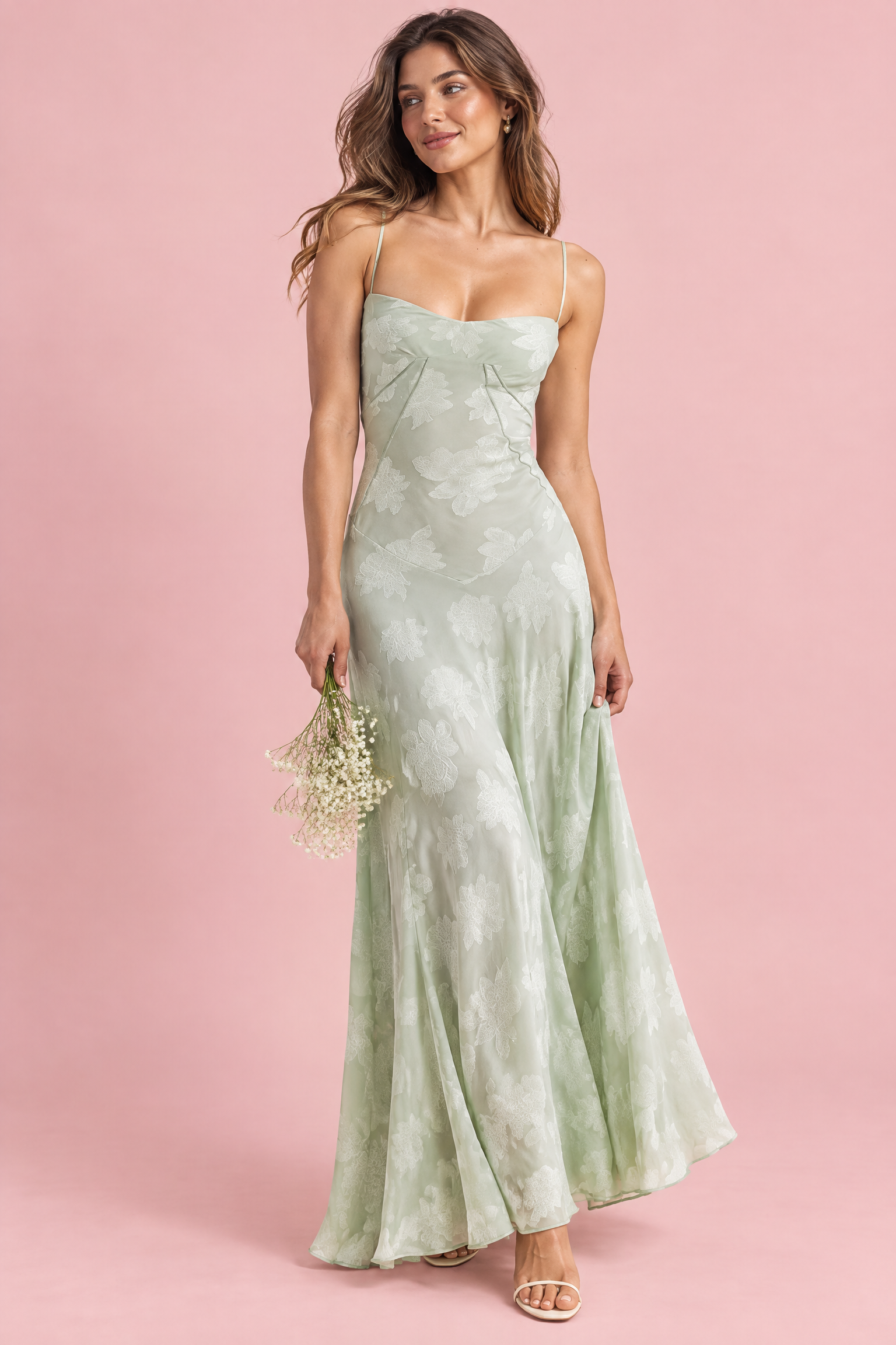 Robe longue fleurie vert clair | Vue de face | Lounelle Paris