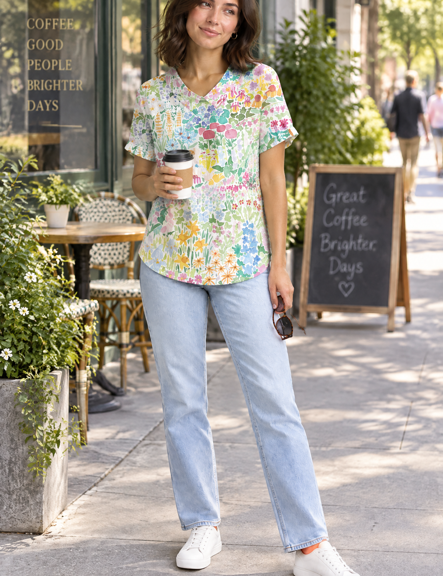 T-shirt blanc à imprimé floral et col | Photo lifestyle | Lounelle Paris