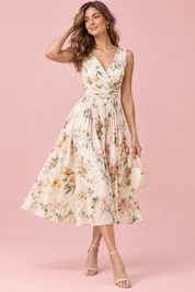 Robe midi verte à imprimé de bouquets floraux, col carré et coupe trapèze | Vue de face | Lounelle Paris