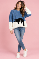 Blå oversized tröja med kattmotiv