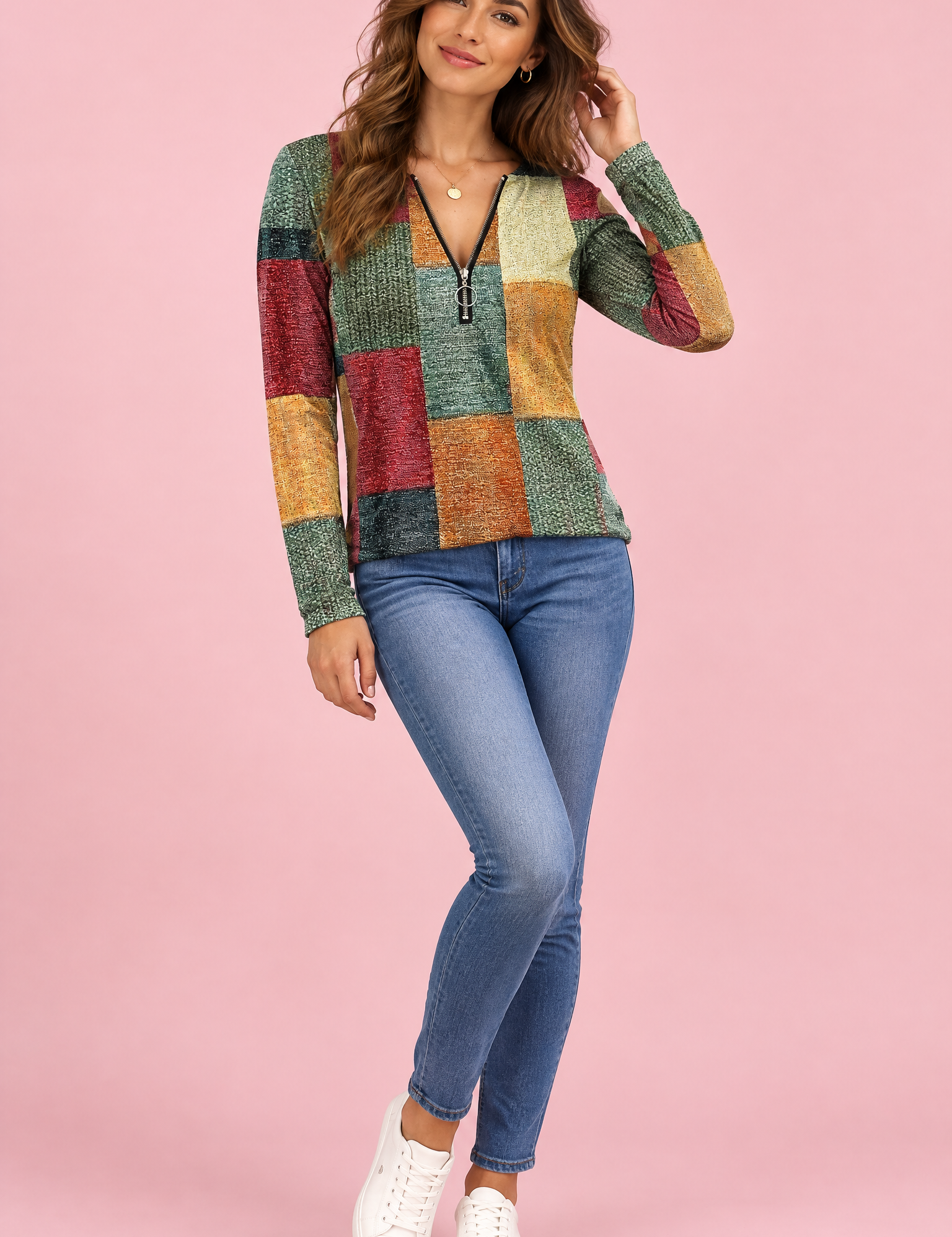 Haut vert zippé à imprimé patchwork | Vue de face | Lounelle Paris