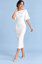Robe midi blanche avec cape amovible | Vue en mouvement | Lounelle Paris