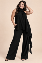 Ensemble pantalon fluide noir sans manches | Porté sur une silhouette plus ronde | Lounelle Paris