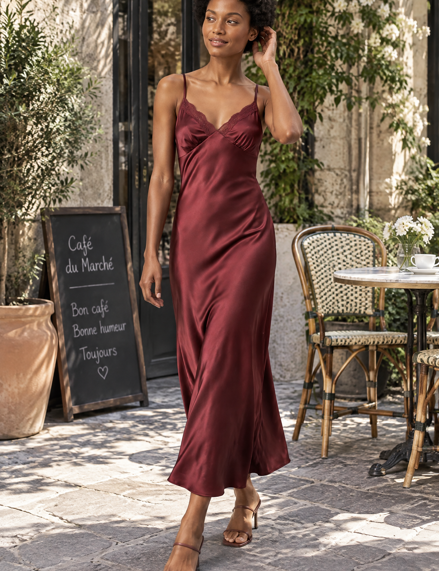Robe nuisette longue bordeaux à dentelle | Photo lifestyle | Lounelle Paris