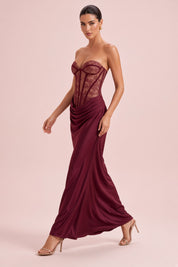 Robe longue bustier à corsage corset bordeaux | Vue en mouvement | Lounelle Paris