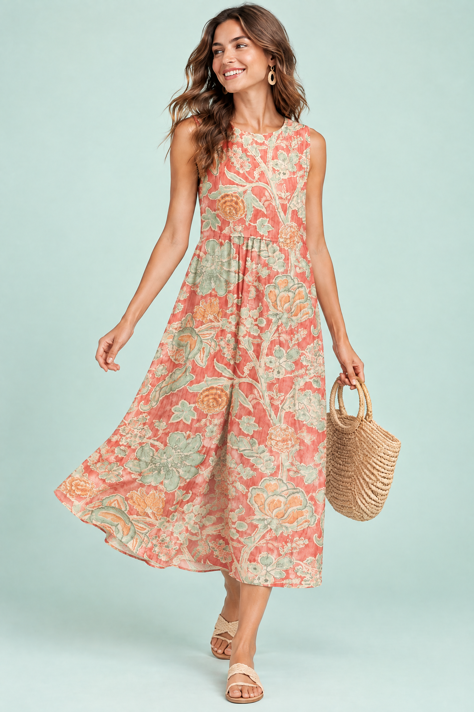 Robe midi corail à imprimé floral | Vue en mouvement | Lounelle Paris