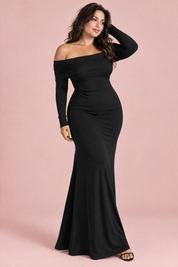 Robe longue noire asymétrique à fronces et drapé | Porté sur une autre silhouette | Lounelle Paris