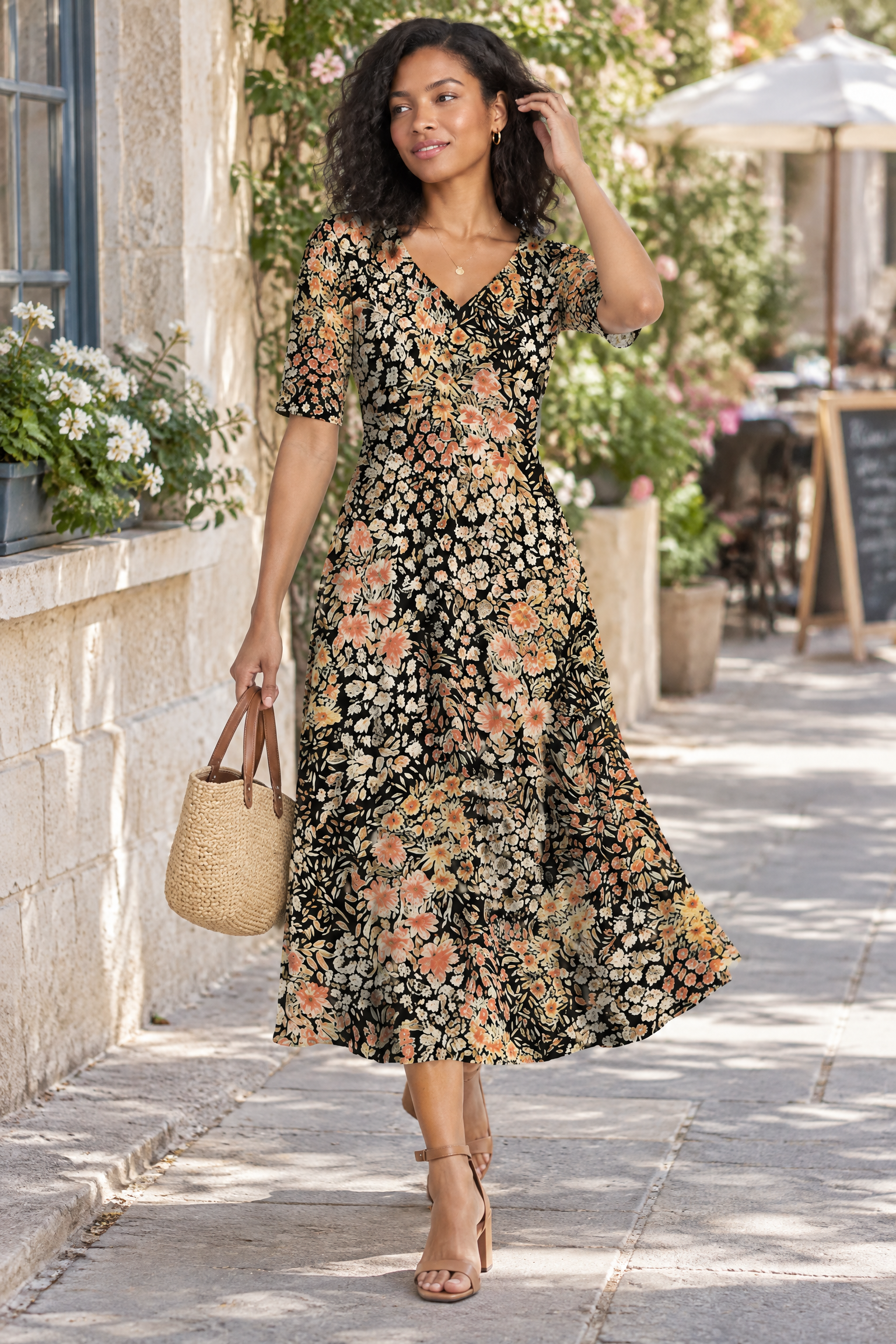 Robe longue noire à col V | Photo lifestyle | Lounelle Paris