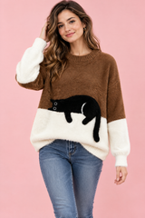 Brun oversized tröja med kattmotiv