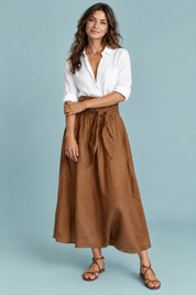 Ensemble chemise et jupe longue marron à taille nouée | Vue de face | Lounelle Paris