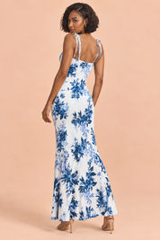 Robe longue fleurie bleue à col carré | Vue de dos | Lounelle Paris