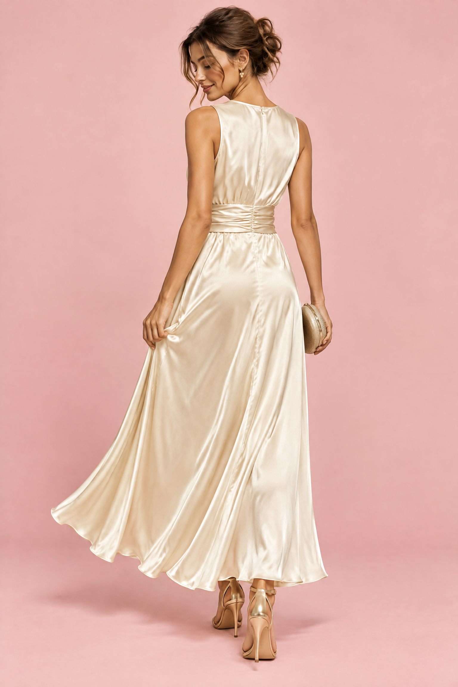 Robe longue champagne à pois froncée | Vue de dos | Lounelle Paris