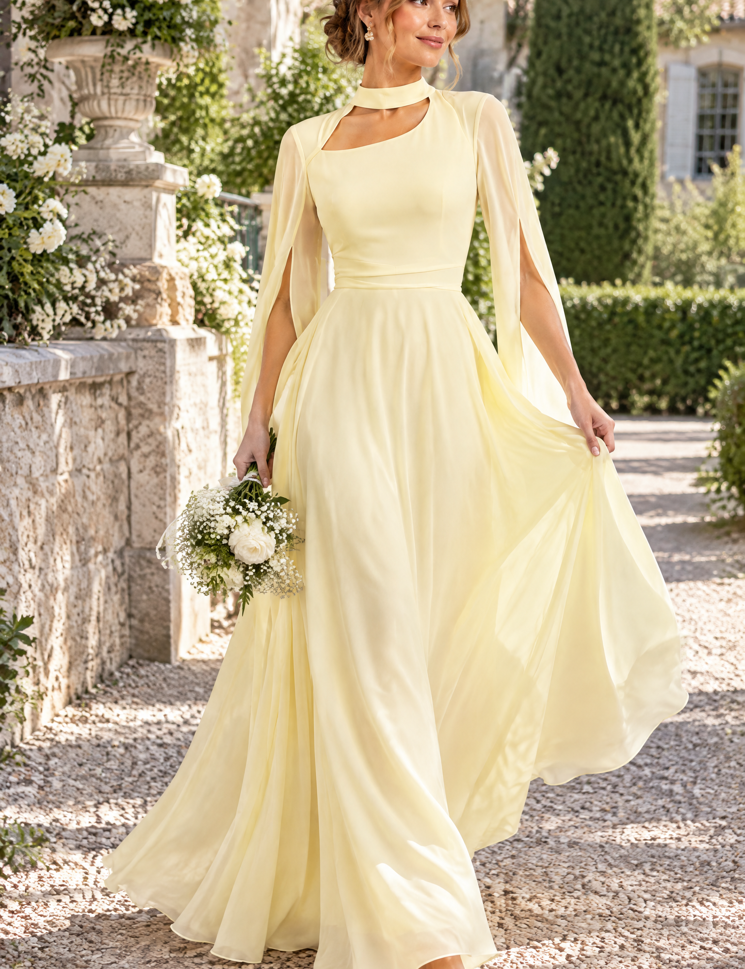 Robe longue jaune clair à encolure carrée et manches cape | Photo lifestyle | Lounelle Paris