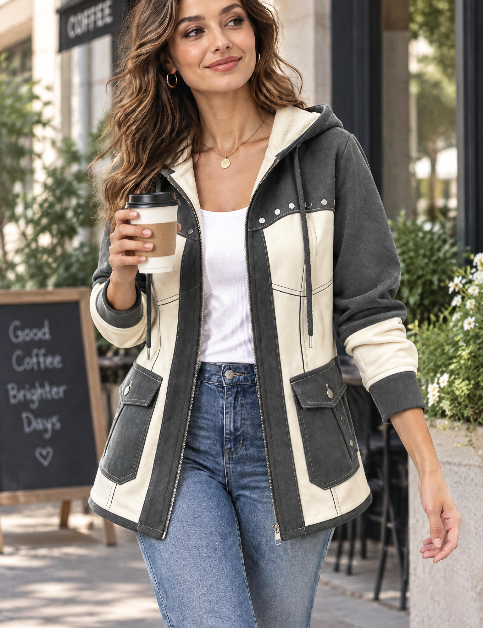 Veste à capuche grise à empiècements | Photo lifestyle | Lounelle Paris