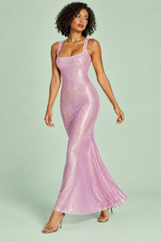Robe longue rose scintillante à col carré | Vue en mouvement | Lounelle Paris