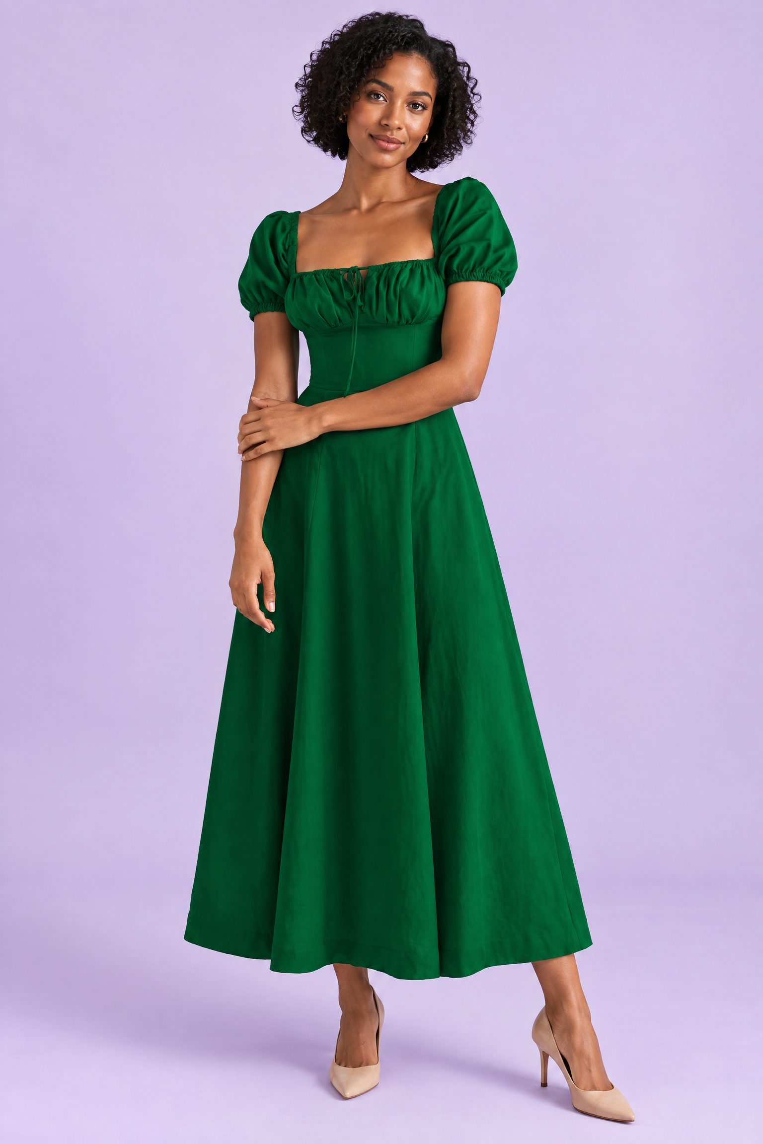 Robe midi vert foncé à coupe trapèze et encolure carrée | Vue de face | Lounelle Paris