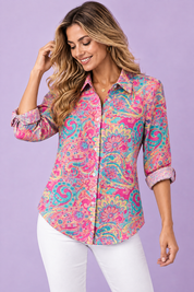 Chemise rose à imprimé floral | Vue rapprochée | Lounelle Paris