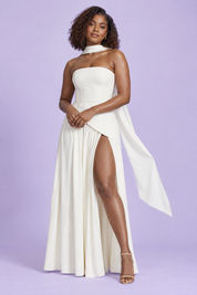 Robe longue blanche à encolure asymétrique | Vue de face | Lounelle Paris